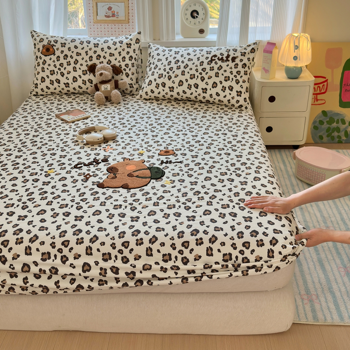 91家纺网 家纺一手货源 找家纺 沐棉家居 2026新款毛巾绣老粗布全棉纯棉床笠单品床笠单件 豹纹巴拉