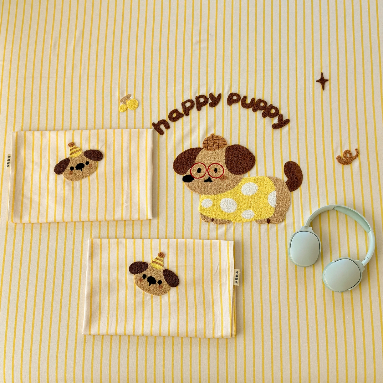 91家纺网 家纺一手货源 找家纺 沐棉家居 2026新款毛巾绣老粗布全棉纯棉床笠单品床笠单件 波点狗