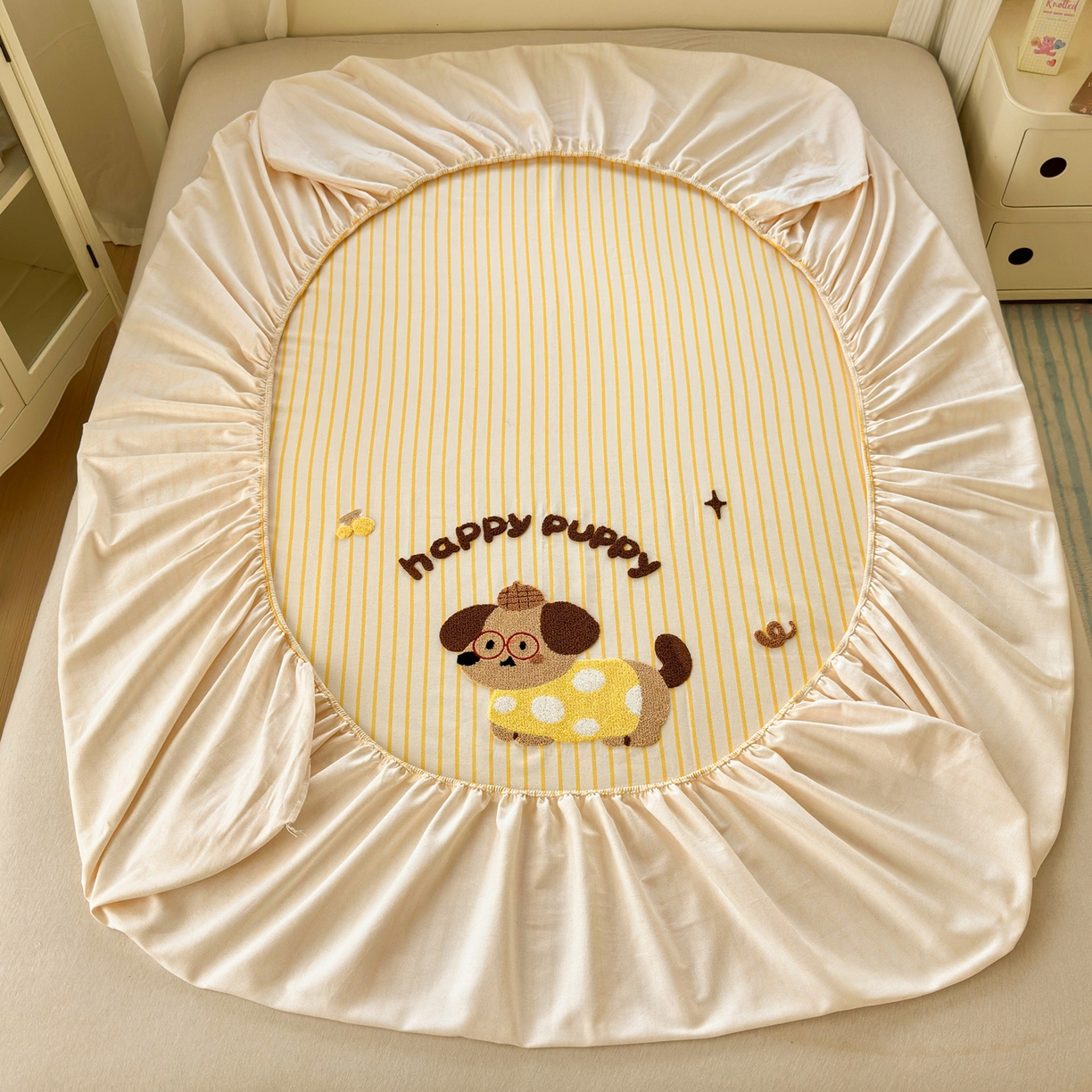 91家纺网 家纺一手货源 找家纺 沐棉家居 2026新款毛巾绣老粗布全棉纯棉床笠单品床笠单件 波点狗