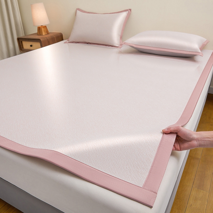 91家纺网 家纺一手货源 找家纺 航途席业 2026新款素锦色织纯冰丝席凉席席子 桃粉