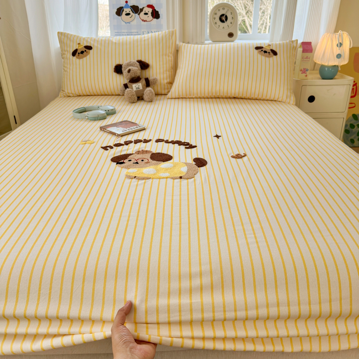 91家纺网 家纺一手货源 找家纺 沐棉家居 2026新款毛巾绣老粗布全棉纯棉床笠单品床笠单件 波点狗