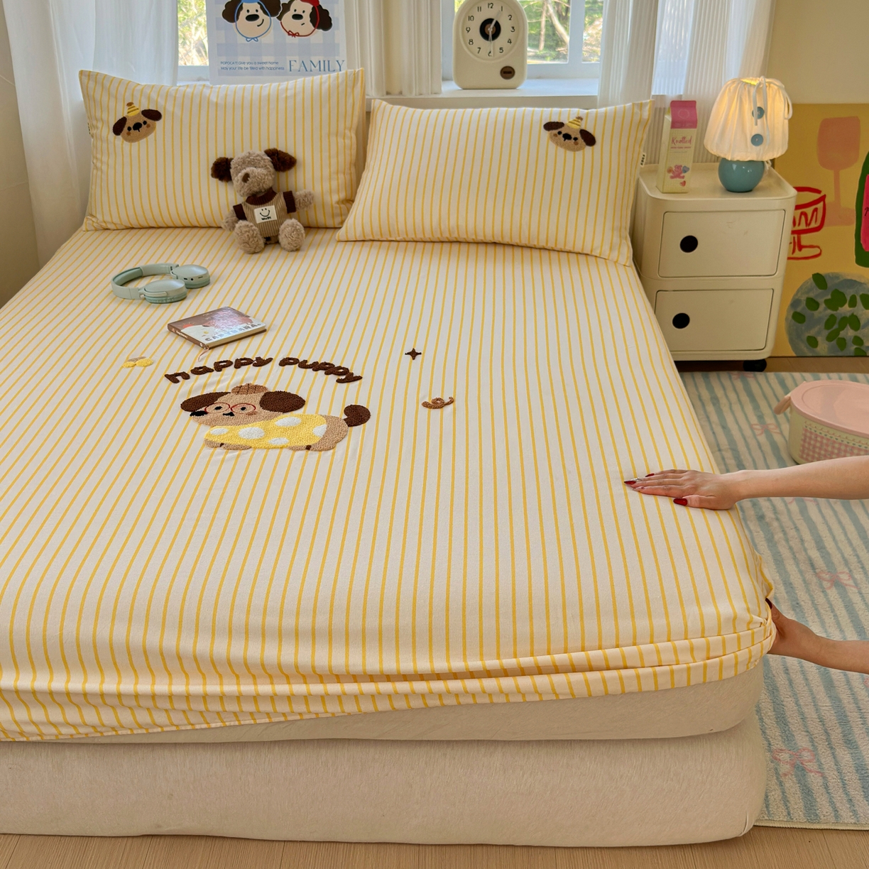 91家纺网 家纺一手货源 找家纺 沐棉家居 2026新款毛巾绣老粗布全棉纯棉床笠单品床笠单件 波点狗