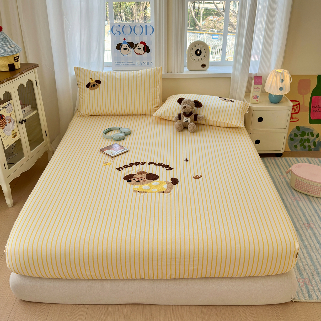 91家纺网 家纺一手货源 找家纺 沐棉家居 2026新款毛巾绣老粗布全棉纯棉床笠单品床笠单件 波点狗