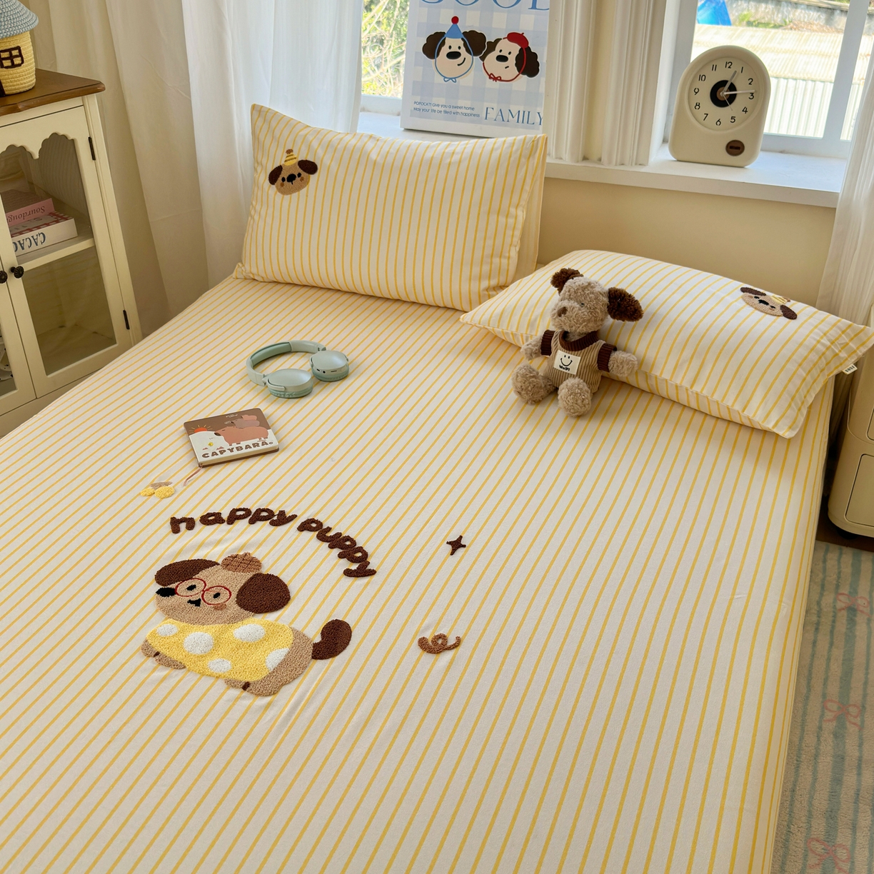 91家纺网 家纺一手货源 找家纺 沐棉家居 2026新款毛巾绣老粗布全棉纯棉床笠单品床笠单件 波点狗