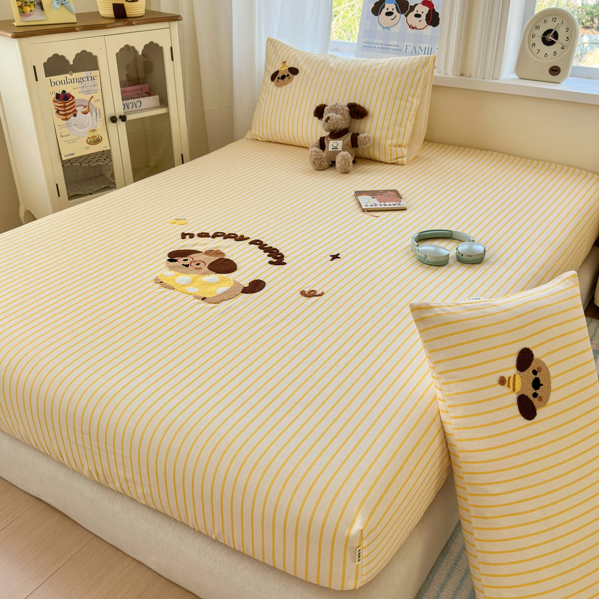 91家纺网 家纺一手货源 找家纺 沐棉家居 2026新款毛巾绣老粗布全棉纯棉床笠单品床笠单件 波点狗