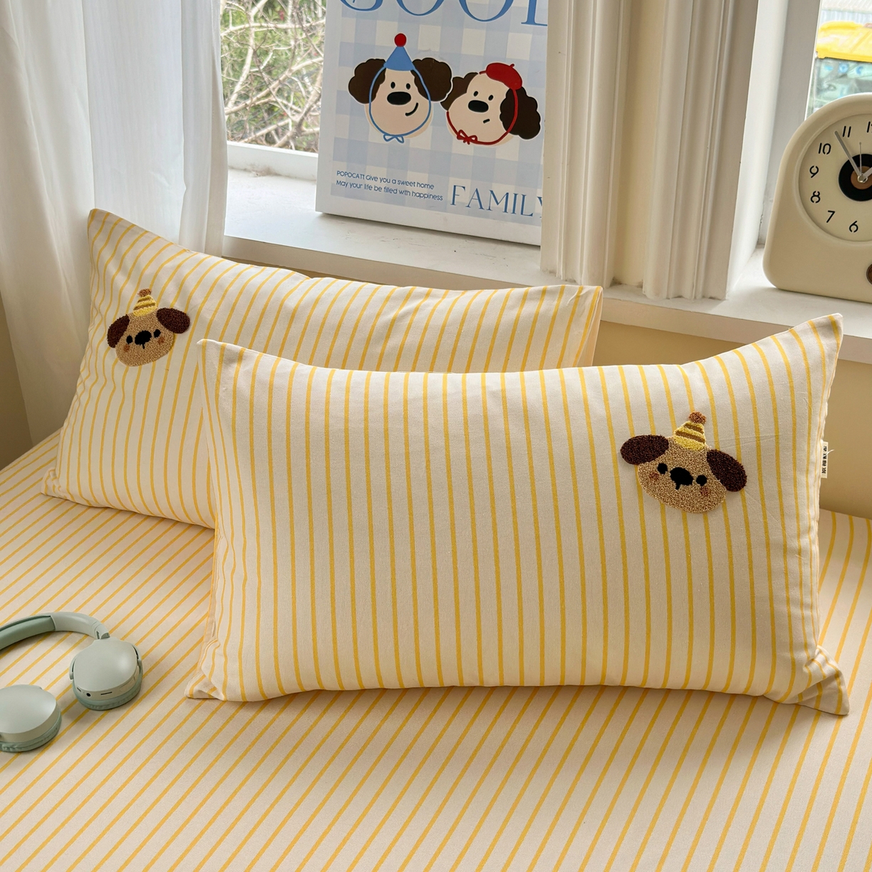 91家纺网 家纺一手货源 找家纺 沐棉家居 2026新款毛巾绣老粗布全棉纯棉床笠单品床笠单件 波点狗