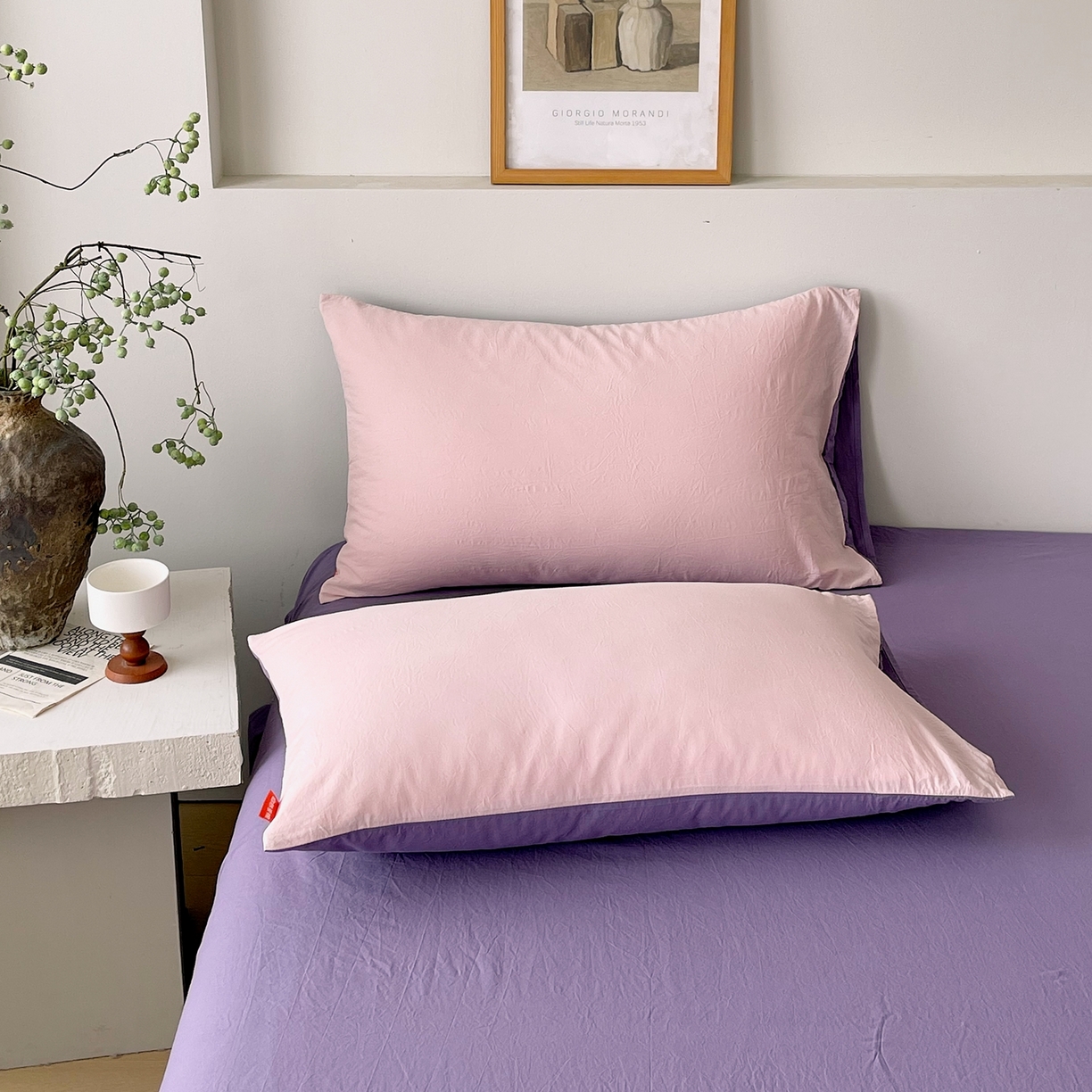 91家纺网 家纺一手货源 找家纺 春皖家纺 2026春夏新款双拼全棉水洗棉单枕套枕套单件单品枕套 樱花粉-水晶紫