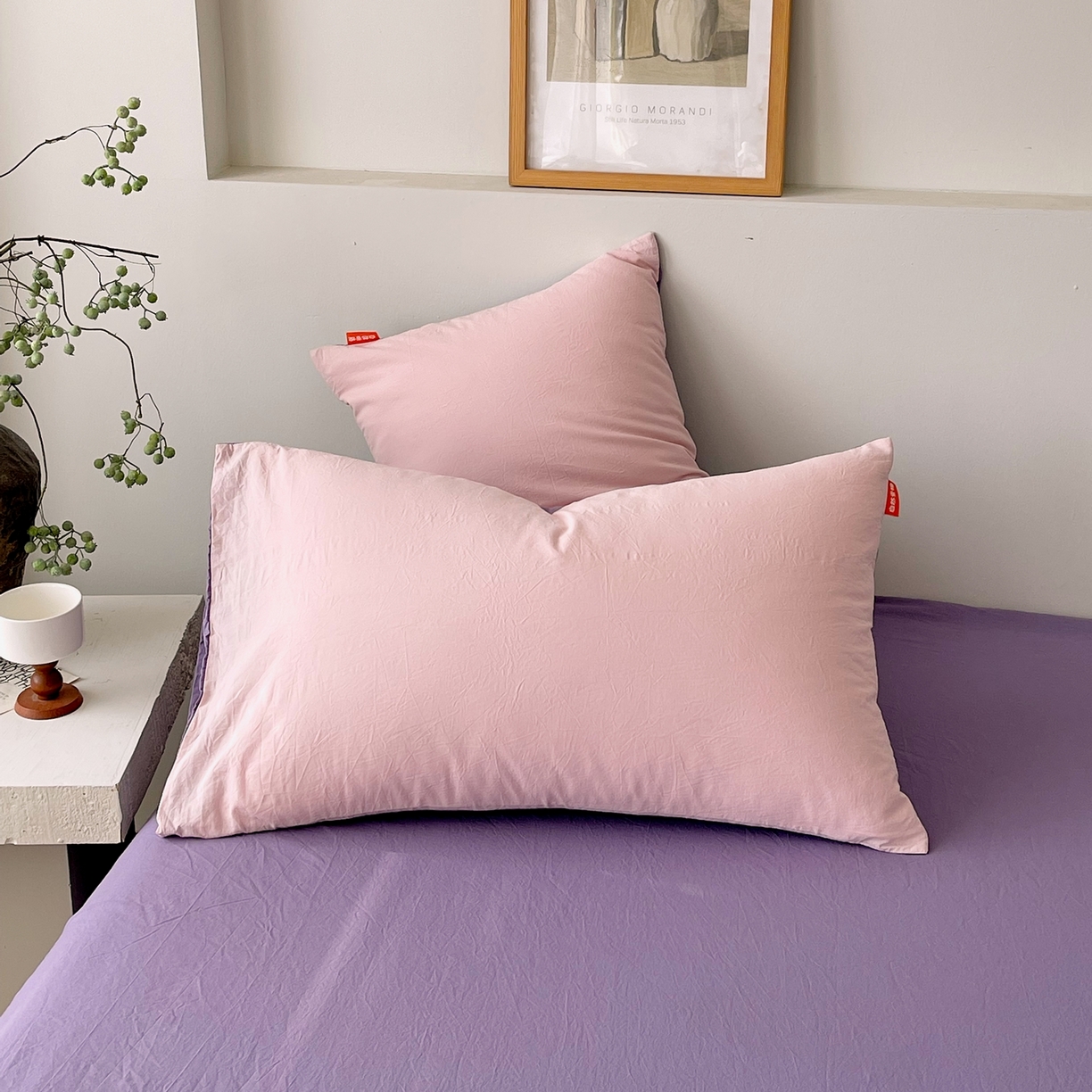 91家纺网 家纺一手货源 找家纺 春皖家纺 2026春夏新款双拼全棉水洗棉单枕套枕套单件单品枕套 樱花粉-水晶紫