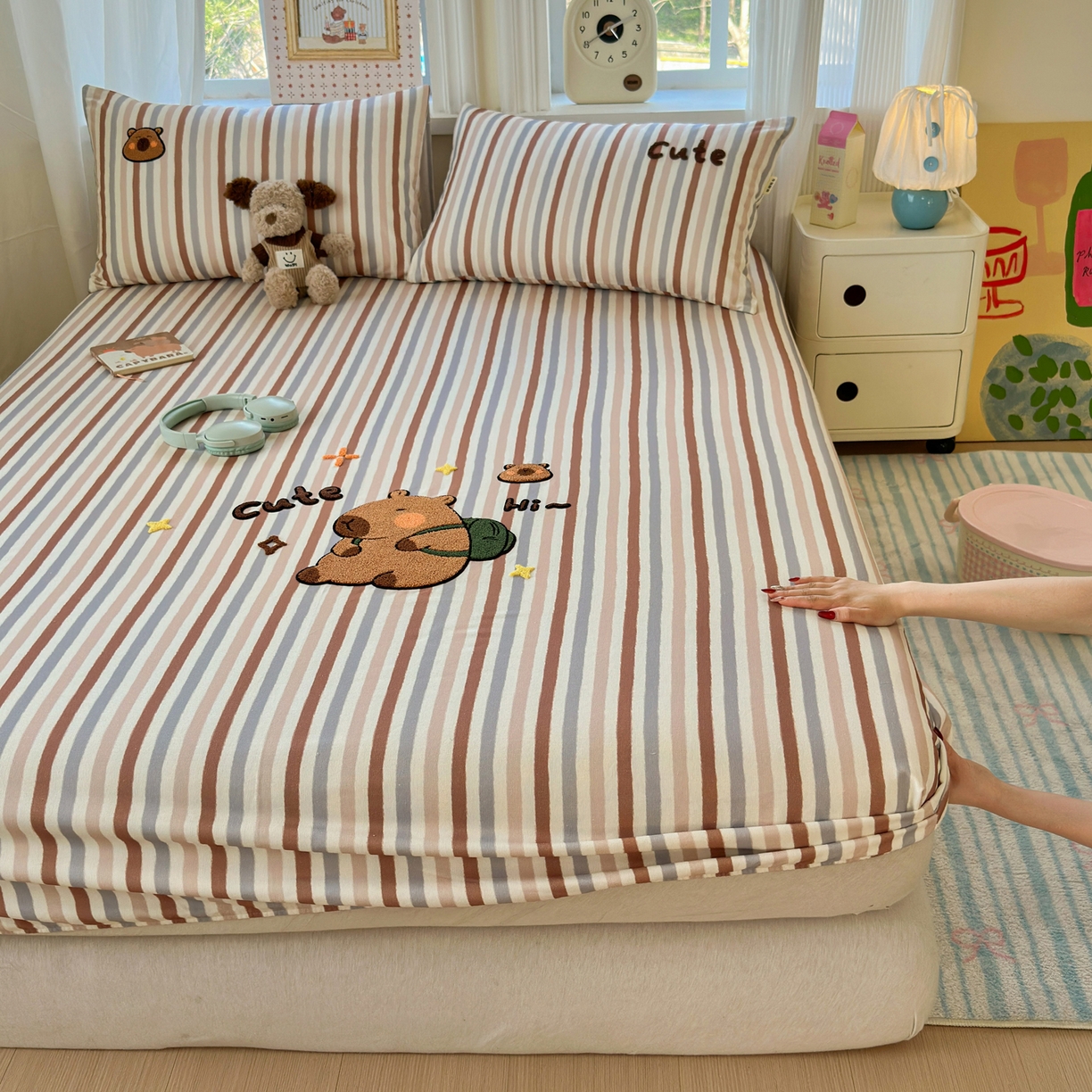 91家纺网 家纺一手货源 找家纺 沐棉家居 2026新款毛巾绣老粗布全棉纯棉床笠单品床笠单件 条纹巴拉