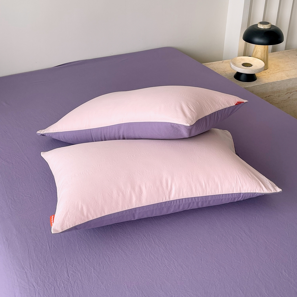 91家纺网 家纺一手货源 找家纺 春皖家纺 2026春夏新款双拼全棉水洗棉单枕套枕套单件单品枕套 樱花粉-水晶紫