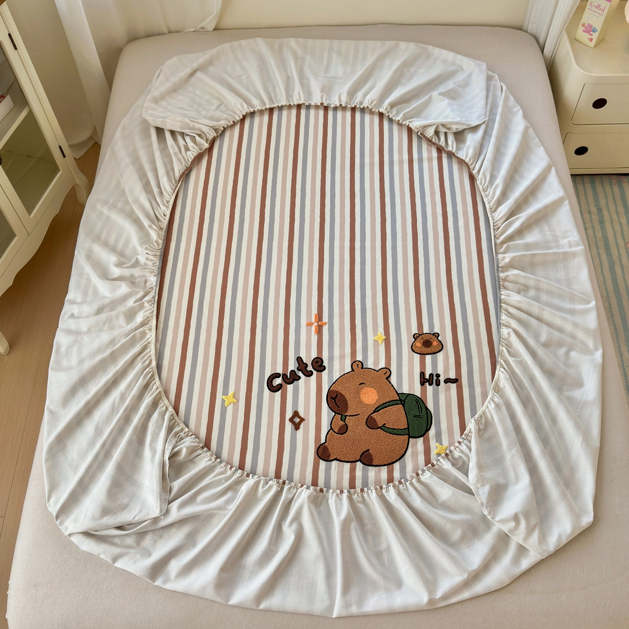 91家纺网 家纺一手货源 找家纺 沐棉家居 2026新款毛巾绣老粗布全棉纯棉床笠单品床笠单件 条纹巴拉