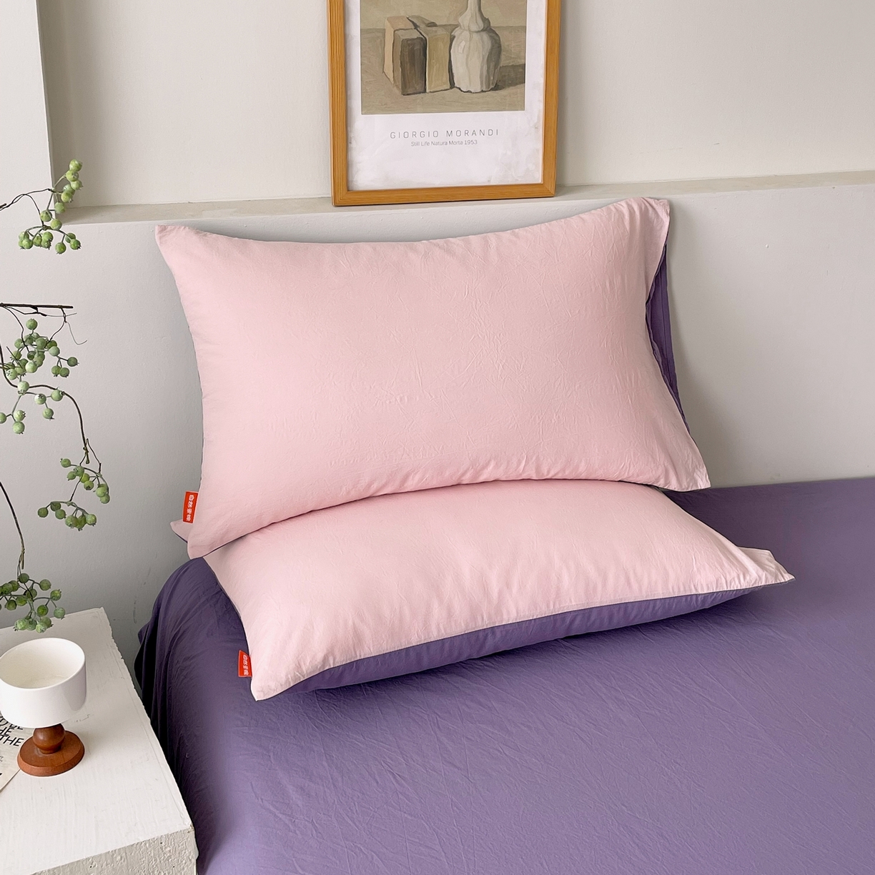 91家纺网 家纺一手货源 找家纺 春皖家纺 2026春夏新款双拼全棉水洗棉单枕套枕套单件单品枕套 樱花粉-水晶紫