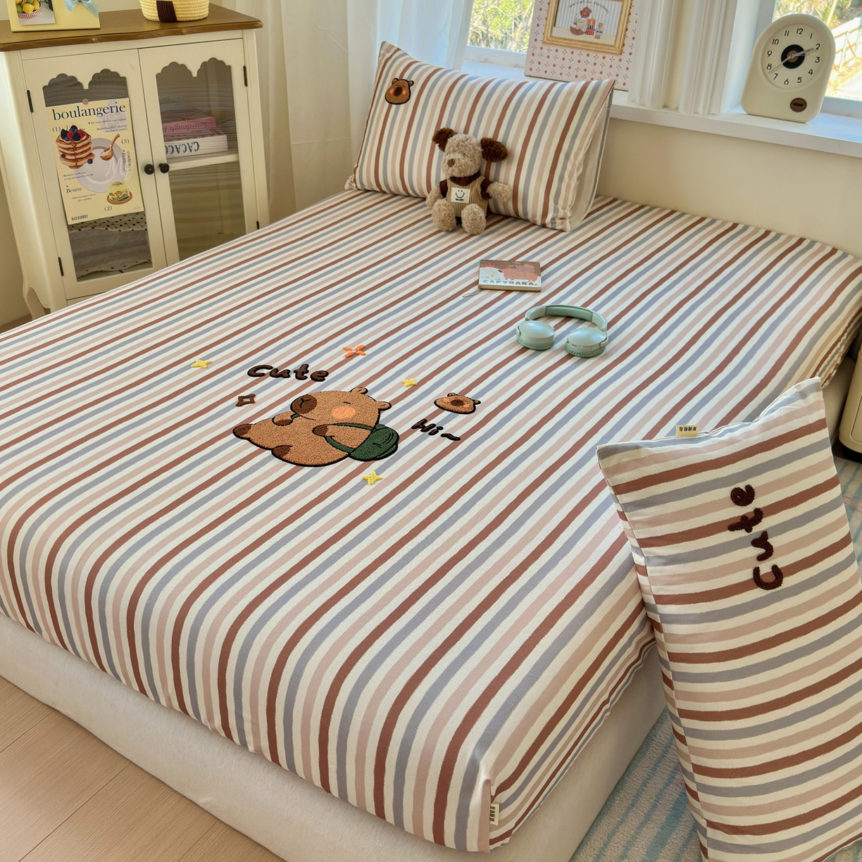 91家纺网 家纺一手货源 找家纺 沐棉家居 2026新款毛巾绣老粗布全棉纯棉床笠单品床笠单件 条纹巴拉