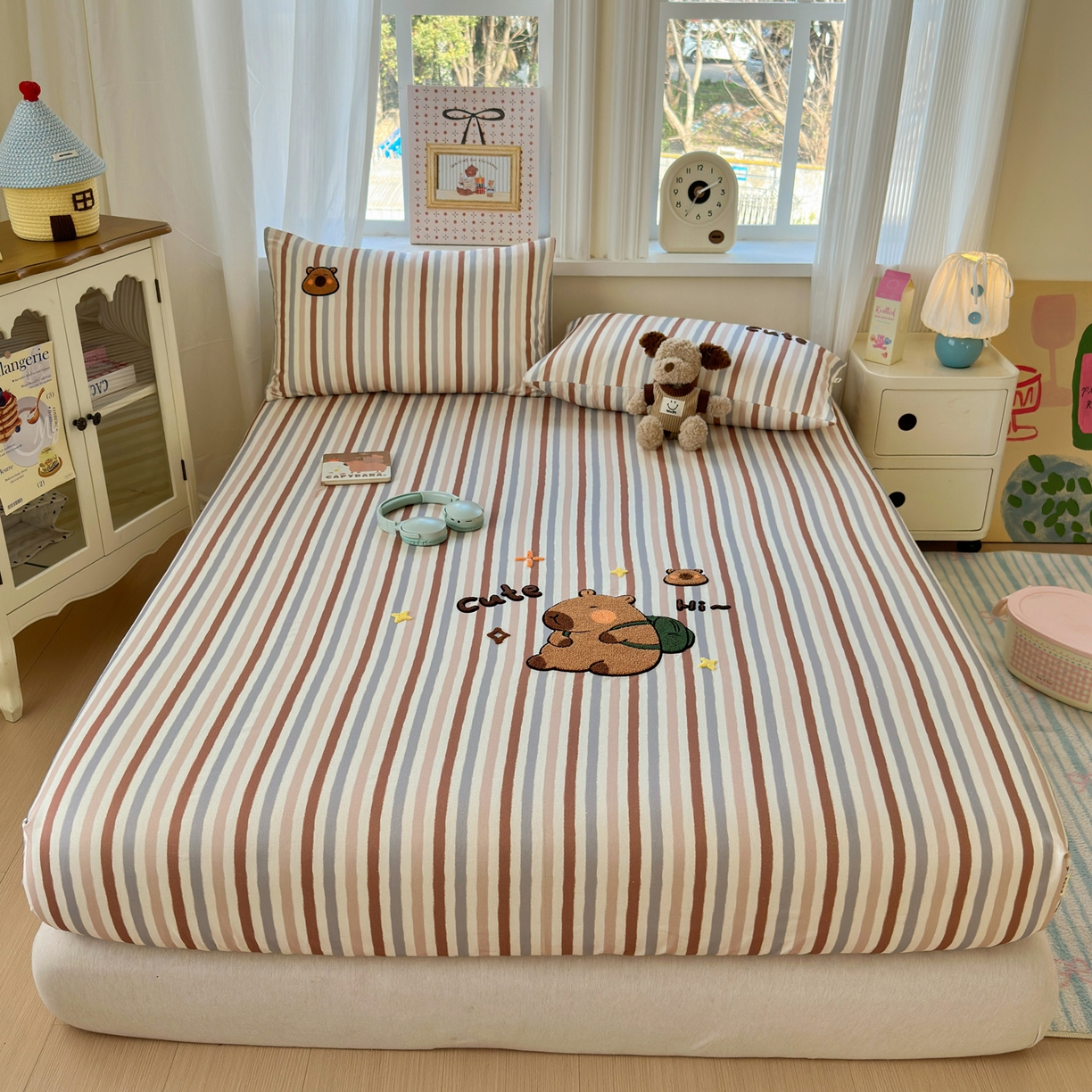 91家纺网 家纺一手货源 找家纺 沐棉家居 2026新款毛巾绣老粗布全棉纯棉床笠单品床笠单件 条纹巴拉