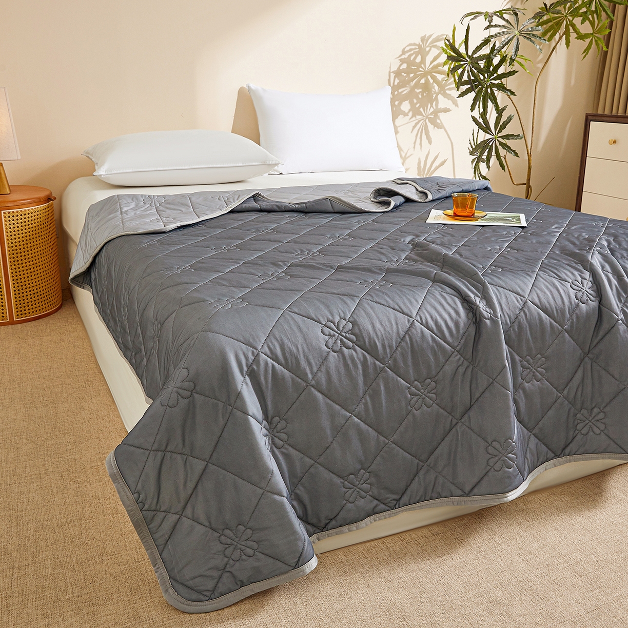 魅图家纺 2026新款跨境A类凉感丝夏被-中文版 双拼-远黛灰