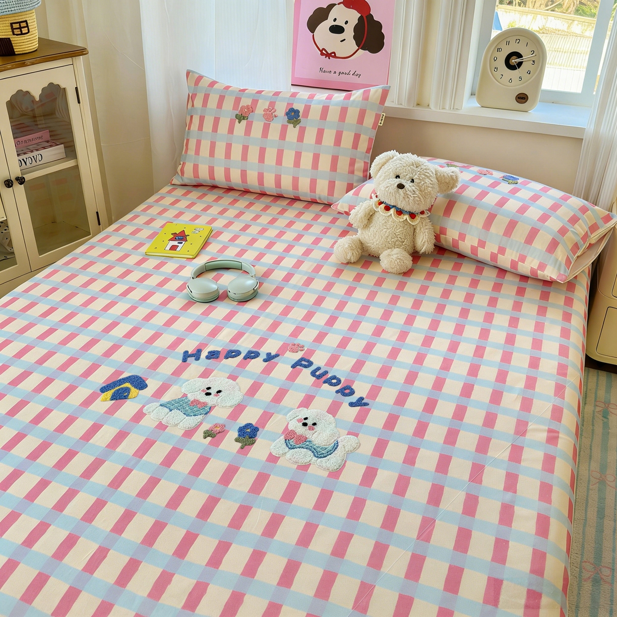 91家纺网 家纺一手货源 找家纺 沐棉家居 2026新款毛巾绣老粗布全棉纯棉床笠单品床笠单件 幸福狗