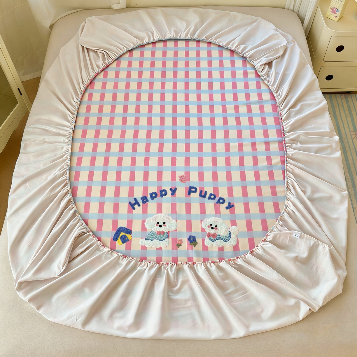 91家纺网 家纺一手货源 找家纺 沐棉家居 2026新款毛巾绣老粗布全棉纯棉床笠单品床笠单件 幸福狗