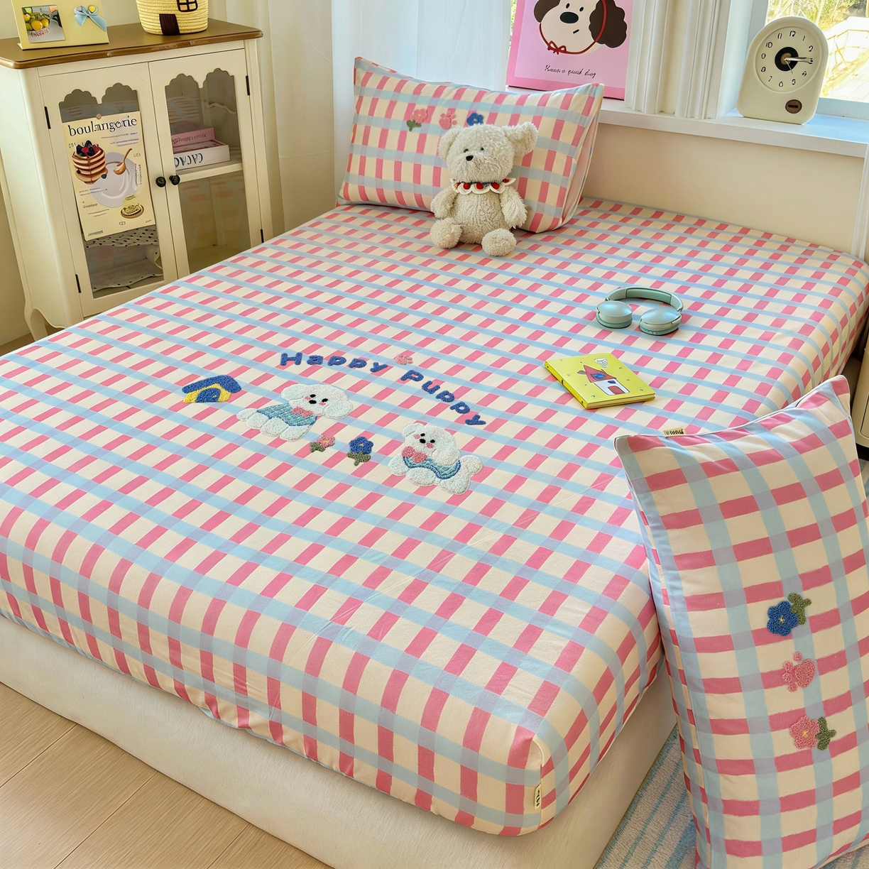 91家纺网 家纺一手货源 找家纺 沐棉家居 2026新款毛巾绣老粗布全棉纯棉床笠单品床笠单件 幸福狗