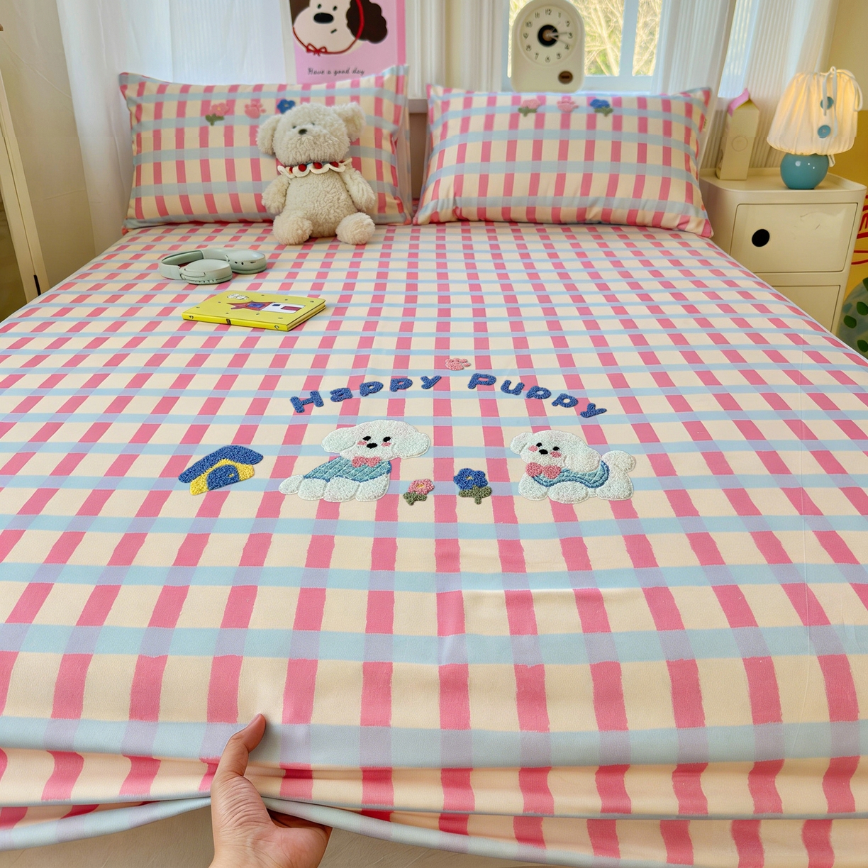 91家纺网 家纺一手货源 找家纺 沐棉家居 2026新款毛巾绣老粗布全棉纯棉床笠单品床笠单件 幸福狗