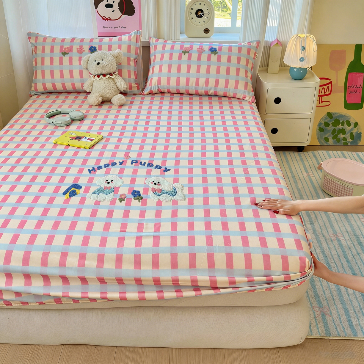 91家纺网 家纺一手货源 找家纺 沐棉家居 2026新款毛巾绣老粗布全棉纯棉床笠单品床笠单件 幸福狗