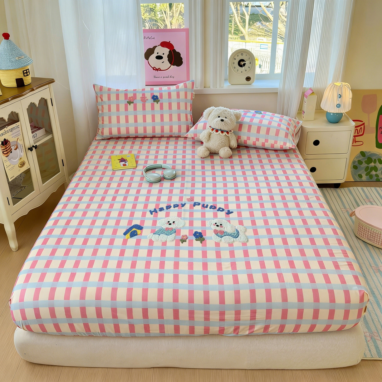 91家纺网 家纺一手货源 找家纺 沐棉家居 2026新款毛巾绣老粗布全棉纯棉床笠单品床笠单件 幸福狗