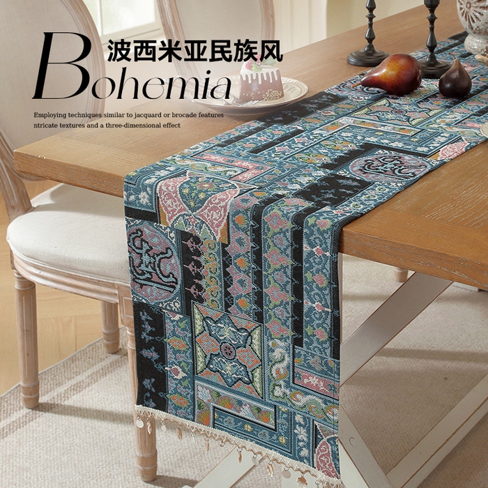 91家纺网 家纺一手货源 找家纺 南通大梧纺织 2026新款波西米亚复古伊芙琳桌旗 伊芙琳-蓝
