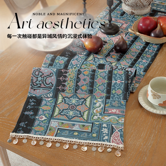 91家纺网 家纺一手货源 找家纺 南通大梧纺织 2026新款波西米亚复古伊芙琳桌旗 伊芙琳-蓝