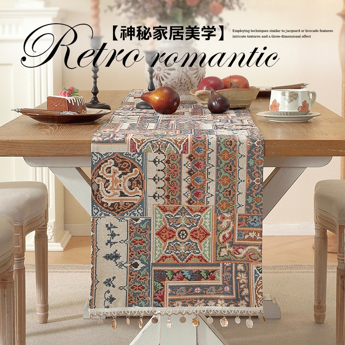 91家纺网 家纺一手货源 找家纺 南通大梧纺织 2026新款波西米亚复古伊芙琳桌旗 伊芙琳-米