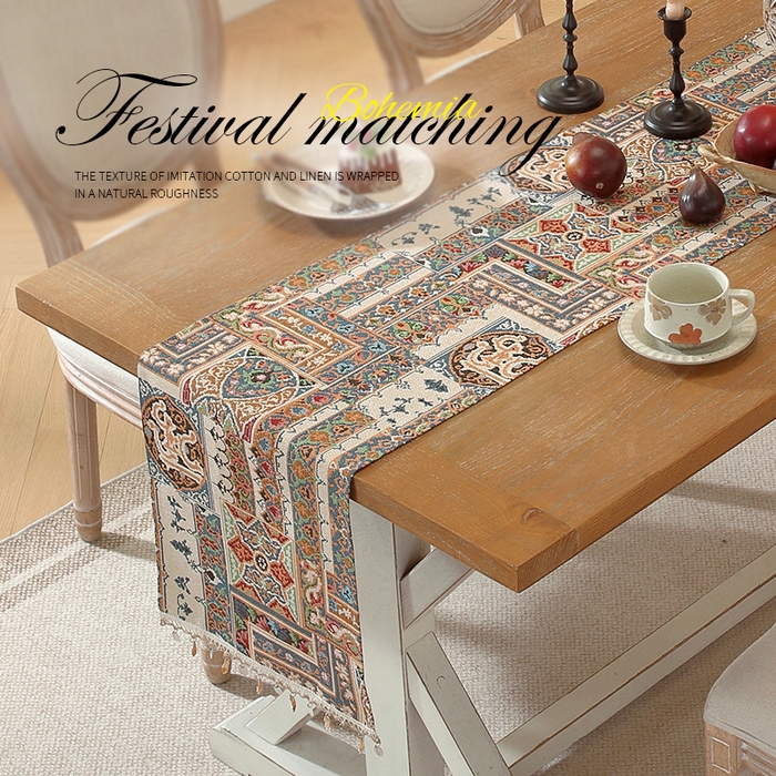 91家纺网 家纺一手货源 找家纺 南通大梧纺织 2026新款波西米亚复古伊芙琳桌旗 伊芙琳-米