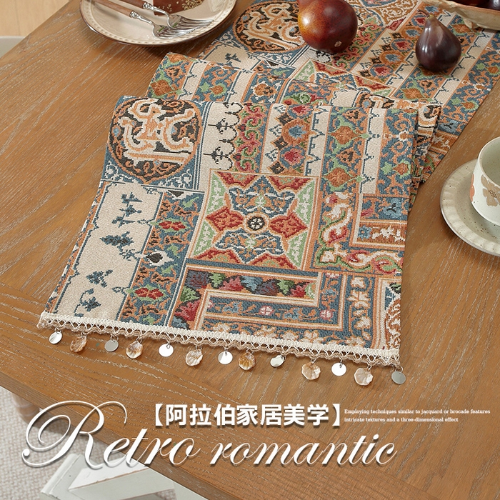 91家纺网 家纺一手货源 找家纺 南通大梧纺织 2026新款波西米亚复古伊芙琳桌旗 伊芙琳-米