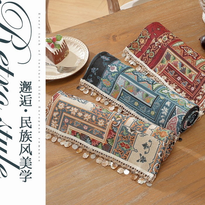 91家纺网 家纺一手货源 找家纺 南通大梧纺织 2026新款波西米亚复古伊芙琳桌旗 伊芙琳-米