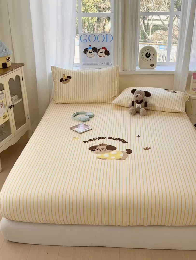 91家纺网 家纺一手货源 找家纺 沐棉家居 2026新款毛巾绣老粗布全棉纯棉床笠单品床笠单件 波点狗