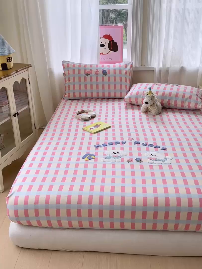 91家纺网 家纺一手货源 找家纺 沐棉家居 2026新款毛巾绣老粗布全棉纯棉床笠单品床笠单件 幸福狗