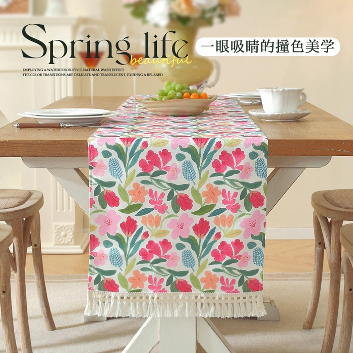 91家纺网 家纺一手货源 找家纺 南通大梧纺织 2026新款美式风情春系列桌旗 粉凌霄