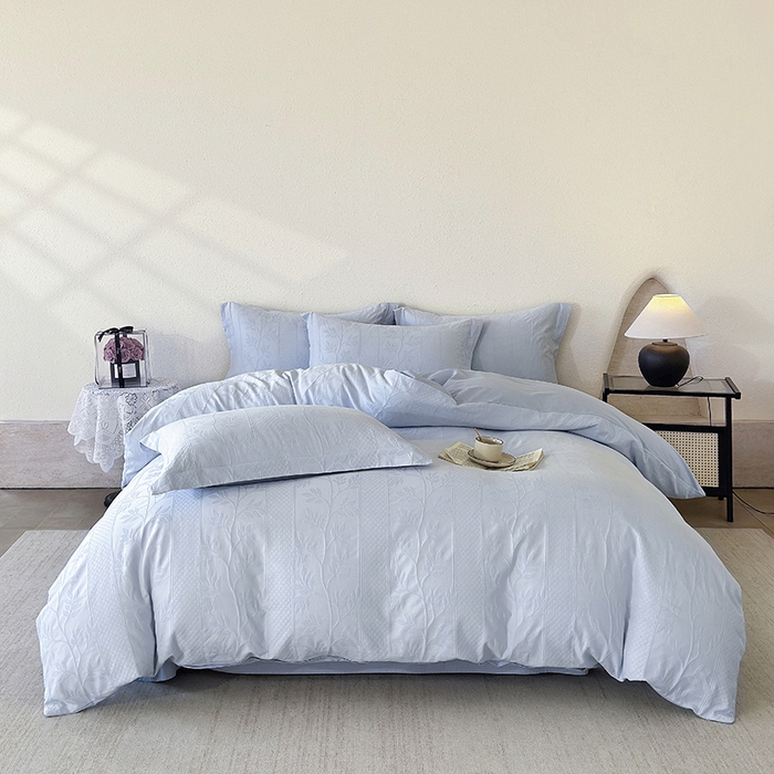 玉相逢 2026新款全棉60S长绒棉立体厚织提花四件套 芊芊叶语-云水蓝