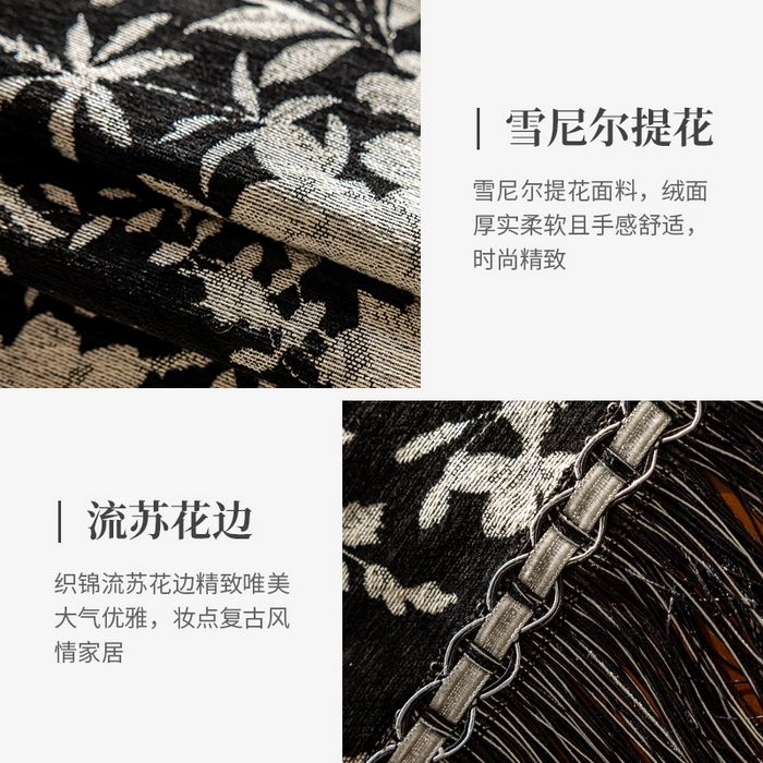 91家纺网 家纺一手货源 找家纺 南通大梧纺织 2026新款美式复古风满园（流苏款）桌布 满园-黑(流苏款)