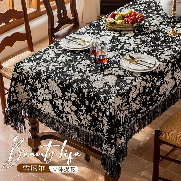 91家纺网 家纺一手货源 找家纺 南通大梧纺织 2026新款美式复古风满园（流苏款）桌布 满园-黑(流苏款)
