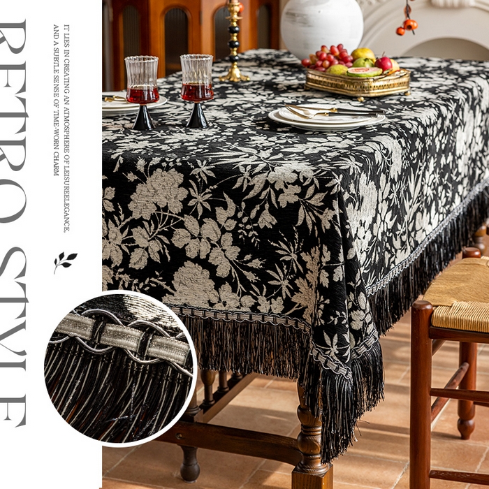 91家纺网 家纺一手货源 找家纺 南通大梧纺织 2026新款美式复古风满园（流苏款）桌布 满园-黑(流苏款)