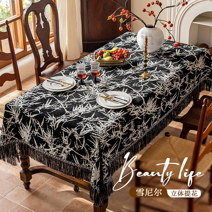 91家纺网 家纺一手货源 找家纺 （总）南通大梧纺织 2026新款雪尼尔提花墨竹（流苏）方桌桌布