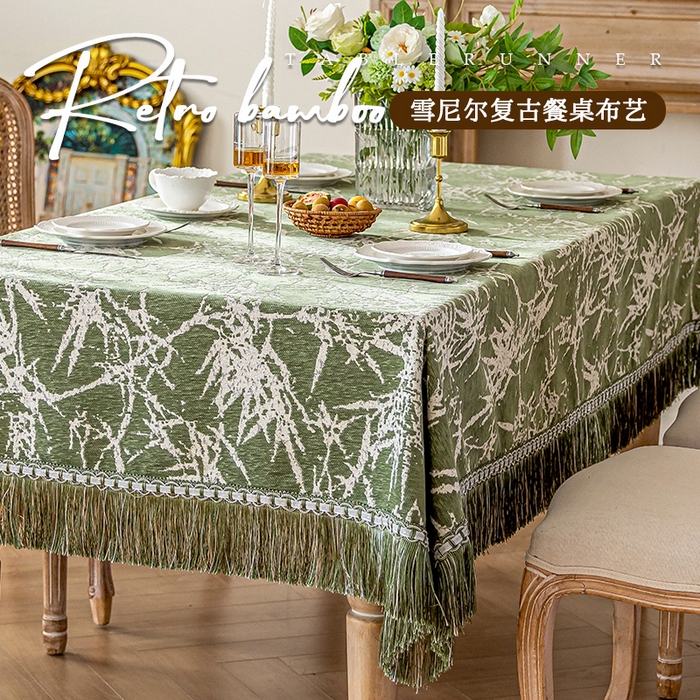 91家纺网 家纺一手货源 找家纺 南通大梧纺织 2026新款雪尼尔提花墨竹（流苏）方桌桌布 墨竹-绿（流苏）