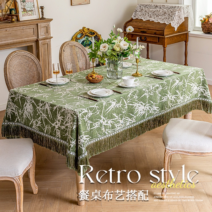 91家纺网 家纺一手货源 找家纺 南通大梧纺织 2026新款雪尼尔提花墨竹（流苏）方桌桌布 墨竹-绿（流苏）