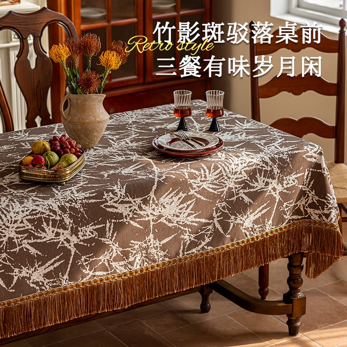 91家纺网 家纺一手货源 找家纺 南通大梧纺织 2026新款雪尼尔提花墨竹（流苏）方桌桌布 墨竹-咖（流苏）