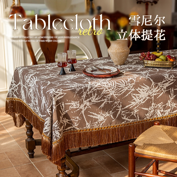 91家纺网 家纺一手货源 找家纺 南通大梧纺织 2026新款雪尼尔提花墨竹（流苏）方桌桌布 墨竹-咖（流苏）