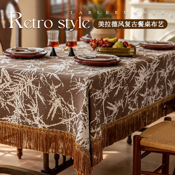 91家纺网 家纺一手货源 找家纺 南通大梧纺织 2026新款雪尼尔提花墨竹（流苏）方桌桌布 墨竹-咖（流苏）