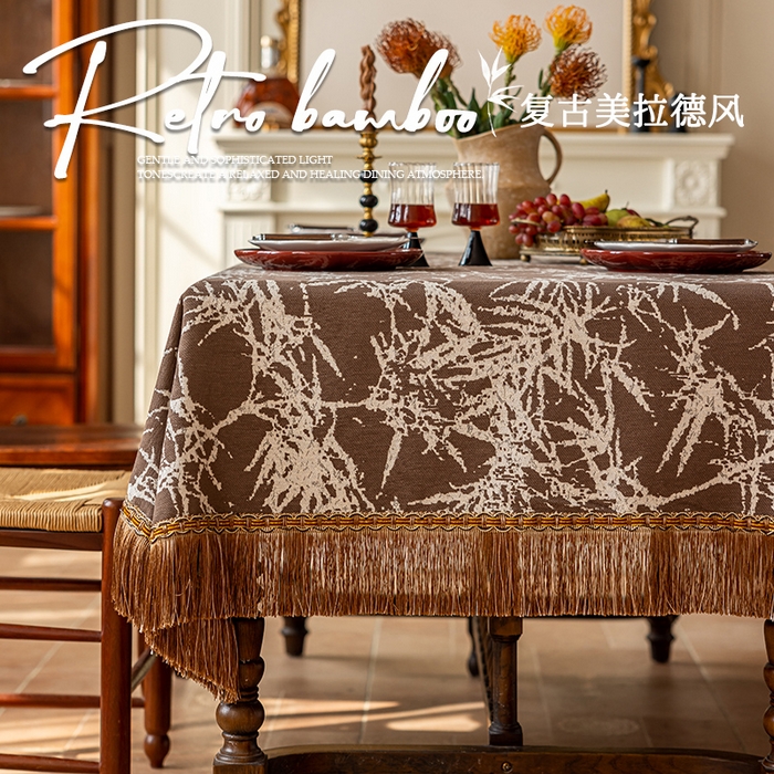 91家纺网 家纺一手货源 找家纺 南通大梧纺织 2026新款雪尼尔提花墨竹（流苏）方桌桌布 墨竹-咖（流苏）
