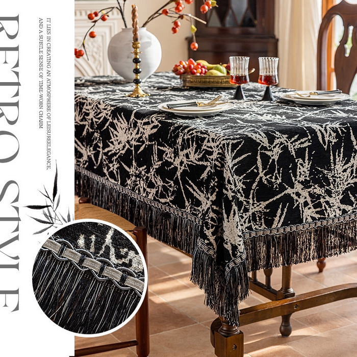 91家纺网 家纺一手货源 找家纺 （总）南通大梧纺织 2026新款雪尼尔提花墨竹（流苏）方桌桌布