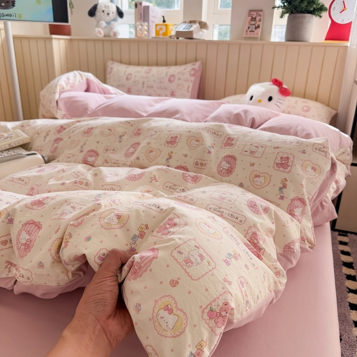 91家纺网 家纺一手货源 找家纺 鑫佳居 2026新款古法仿棉小清新印花四件套 k蒂猫