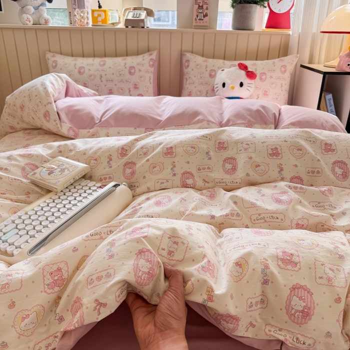 91家纺网 家纺一手货源 找家纺 鑫佳居 2026新款古法仿棉小清新印花四件套 k蒂猫