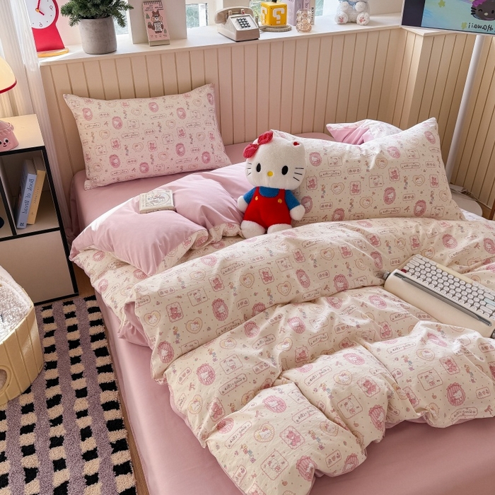 91家纺网 家纺一手货源 找家纺 鑫佳居 2026新款古法仿棉小清新印花四件套 k蒂猫