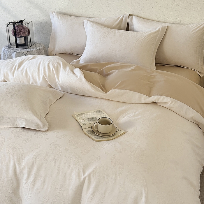 91家纺网 家纺一手货源 找家纺 玉相逢 2026新款全棉60S长绒棉立体厚织提花四件套 腰果-米杏